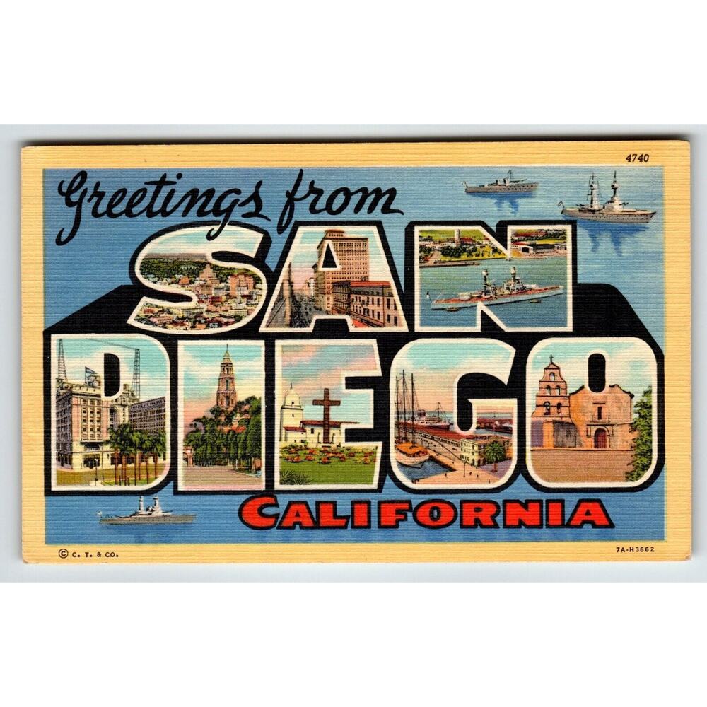 Greetings From San Diego California Large Letter Linen Postcard Curt Teich Ships